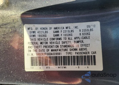 2013 Honda Accord Ex-L z USA, uszkodzony, nr VIN 1HGCR2F8XDA009981